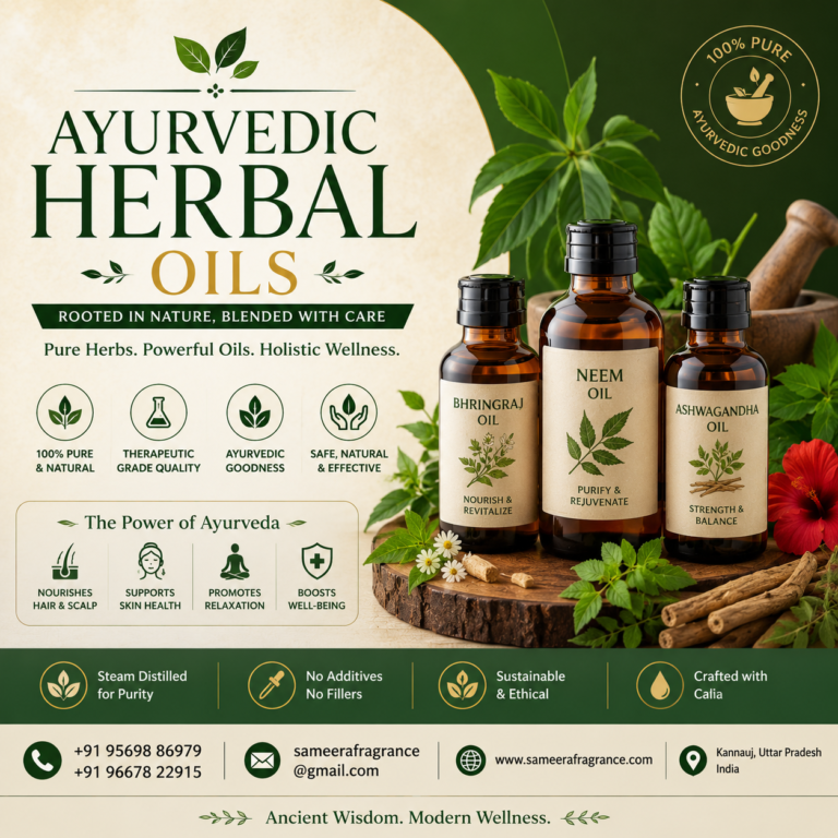 Ayurvedic herbal oils, Sameera Fragrance, Ayurvedic hair oil, Abhyanga massage oil, botanical oils, natural wellness
