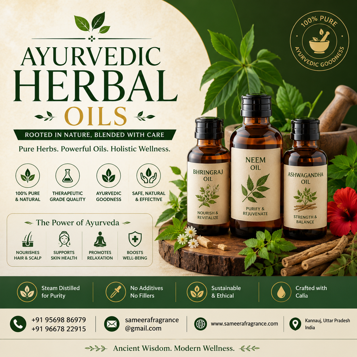 Ayurvedic herbal oils, Sameera Fragrance, Ayurvedic hair oil, Abhyanga massage oil, botanical oils, natural wellness